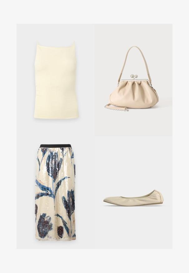 Haut caraco en maille côtelée couleur crème avec fines bretelles et encolure droite sur un fond neutre.; Jupe midi beige avec taille élastique noire, grand motif floral bleu et sombre pailleté.; Ballerine beige en cuir souple avec bout arrondi, profil latéral bas et semelle fine en caoutchouc sur fond blanc uni.; Sac à main en cuir souple beige avec un fermoir en métal argenté, une bandoulière simple et une bandoulière chaîne optionnelle sur fond blanc.