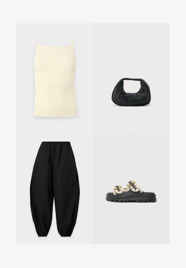 Haut caraco en maille côtelée couleur crème avec fines bretelles et encolure droite sur un fond neutre.; Pantalon noir ample avec ceinture élastique et bas élastiqués, présenté à plat sur un fond gris clair.; Sandales noires avec deux larges brides, ornées d'accents tissés de couleur crème et d'une semelle texturée. Profil plat avec une base épaisse et striée.; Sac hobo tissé noir avec une structure souple et une poignée intégrée, présenté sur un fond clair uni.