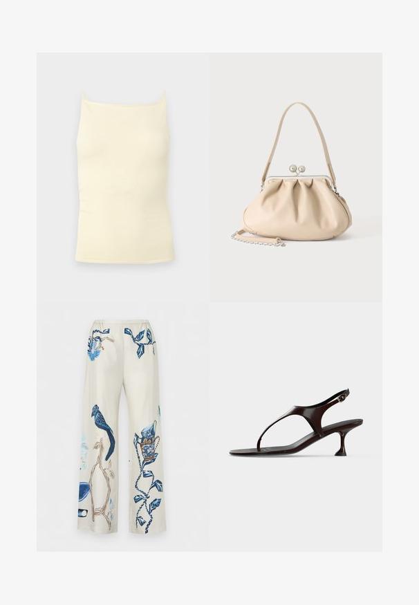 Haut caraco en maille côtelée couleur crème avec fines bretelles et encolure droite sur un fond neutre.; Pantalon beige à jambes larges avec des imprimés botaniques et d’oiseaux bleus, avec des feuilles et des branches détaillées et un oiseau perché sur une branche.; Sandale slingback en cuir verni marron foncé avec petit talon et bride entre les orteils sur fond blanc.; Sac à main en cuir souple beige avec un fermoir en métal argenté, une bandoulière simple et une bandoulière chaîne optionnelle sur fond blanc.
