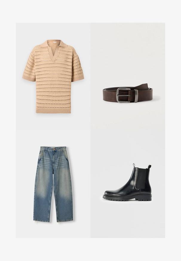 Beige Kurzarm-Polohemd aus Strick mit Lochmuster sowie geripptem Kragen, Bündchen und Saum, flach auf hellem Hintergrund liegend.; Hellblaue Denim-Jeans im weit geschnittenen Stil mit einem ausgewaschenen Finish, Fünf-Taschen-Design und rohem Saum. Mit einem Knopf- und Reißverschluss vorne.; Schwarze Leder-Chelsea-Stiefel mit elastischen Seitenpaneelen, einer Schlaufe für einfaches Anziehen und einer robusten Gummisohle mit strukturiertem Grip.; Dunkelbrauner Leder-Gürtel mit silberner rechteckiger Schnalle, aufgerollt und gegen einen hellen neutralen Hintergrund platziert.