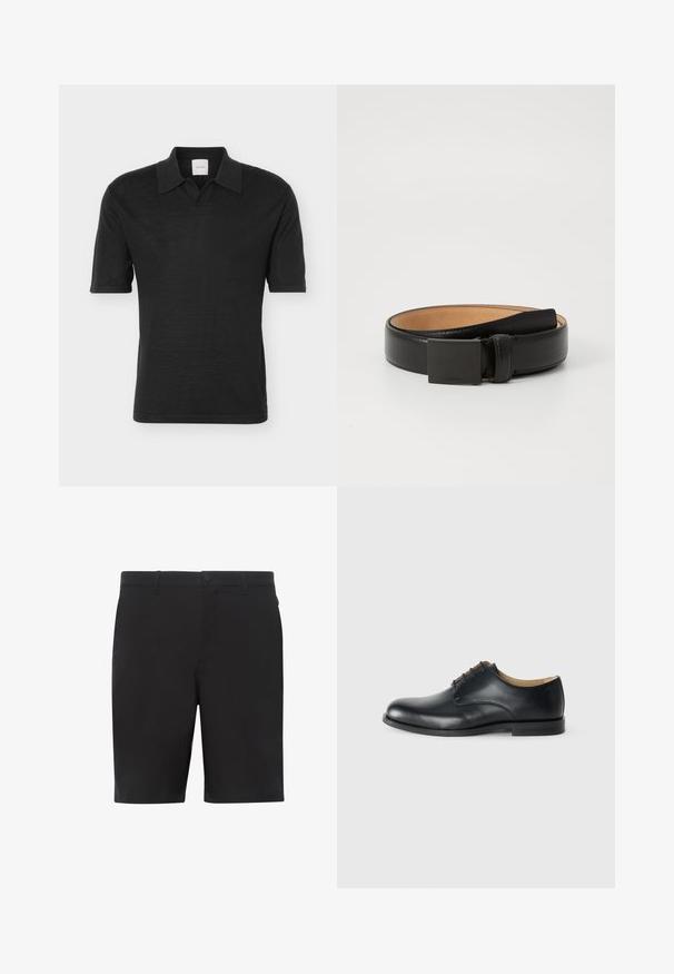 Zwart poloshirt met korte mouwen, kraag en open sluiting, van effen gebreide stof, weergegeven op een witte achtergrond.; Zwarte shorts gemaakt van lichtgewicht stof, met een vlakke voorkant, standaard tailleband en zijzakken. Soepele textuur zonder zichtbare patronen.; Calvin Klein ESS DERBY - Veterschoenen - triple black; Zwarte leren riem met een gladde afwerking, voorzien van een rechthoekige zwarte metalen gesp en een beige binnenvoering. Eenvoudig, klassiek ontwerp.