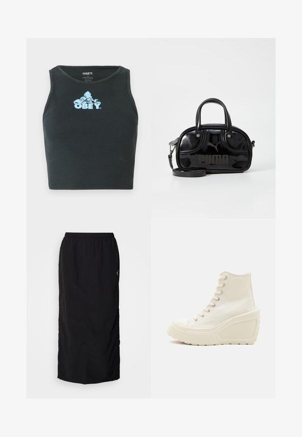 Musta ribattu puuvillainen crop-top, jossa on vaaleansininen graafinen logo keskellä rintaa. Hihaton malli ja pyöreä kaula-aukko.; Mustapukuinen urheiluhame, jossa on joustava vyötärö, sivuaukoilla liikkumisen helpottamiseksi ja minimaalinen brändäys oikealla puolella.; Valkoinen kangaskorkeat tennarit, joissa on korokepohja, metalliset nauhakoukut, pyöreä kärki ja kuvioitu kumipohja.; Musta lakattu nahkainen käsilaukku, jossa on kaksinkertaiset yläkahvat, irrotettava olkahihna, pyöreä muoto ja näyttävä kohokuvioitu "PUMA"-logo.