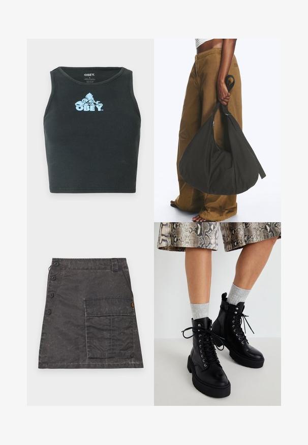 Schwarzes, geripptes Baumwoll-Crop-Top mit einem hellblauen Grafiklogo, das zentral auf der Brust platziert ist. Ärmelloses Design mit einem runden Halsausschnitt.; Grauer Rock aus strukturiertem Stoff mit einer Knopfleiste vorne und einer Seitentasche. Besitzt einen subtilen, abgenutzten Look und gestickte Details.; Steve Madden GUSTO - Plateaustiefelette - black; Person trägt braune weite Hose und weißes Oberteil und hält eine große schwarze weiche Handtasche an der Seite am Trageriemen.