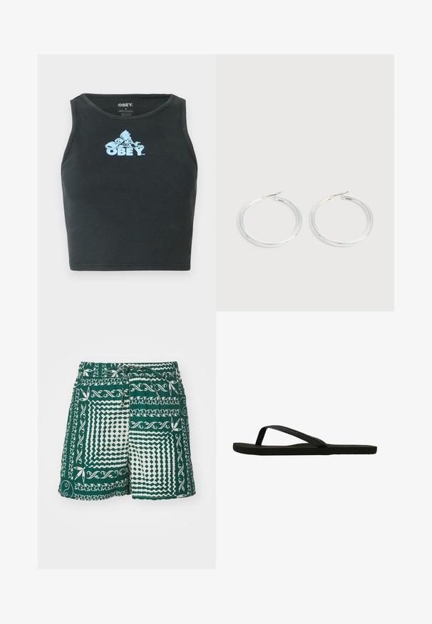 Zwarte geribbelde katoenen cropped tanktop met een lichtblauw grafisch logo in het midden van de borst. Mouwloos ontwerp met een ronde hals.; Groene shorts met witte patronen, waaronder geometrische vormen en bloemmotieven. Voorzien van een trekkoord in de taille en een ontspannen pasvorm.; Zwarte flip-flops met een gestructureerde band en platte zool. De band heeft een subtiele glans. Eenvoudig ontwerp, lichtgewicht en flexibele vorm.; Een paar glanzende zilveren oorringen met dunne draadafsluitingen, getoond op een lichtgrijze achtergrond.