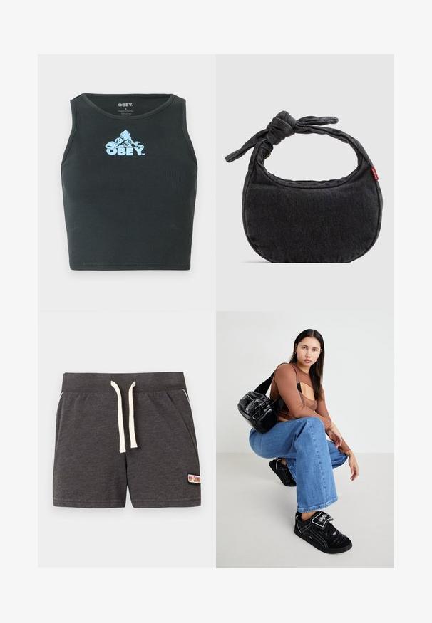 Débardeur court en coton noir à côtes, présentant un logo graphique bleu clair centré sur la poitrine. Design sans manches avec un col rond.; Shorts en tricot gris foncé avec cordon blanc, ceinture élastique, poches latérales et petit patch logo Rip Curl sur la jambe droite inférieure.; Sac bandoulière noir avec plusieurs poches zippées, haut à manches longues marron avec un design découpé, et jeans larges bleus avec des bords effilochés.; Petit sac d'épaule en denim noir avec une sangle nouée et une fermeture éclair, arborant une étiquette en tissu rouge Levi's sur le côté.