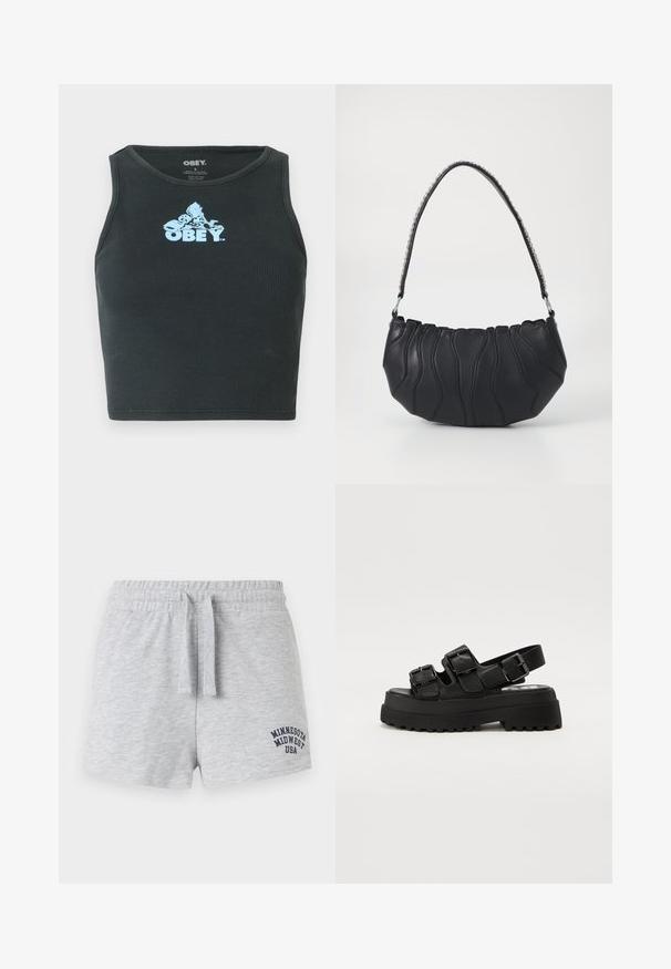 Débardeur court en coton noir à côtes, présentant un logo graphique bleu clair centré sur la poitrine. Design sans manches avec un col rond.; Shorts en coton gris clair avec taille élastique et cordon de serrage, arborant le texte "Minnesota Midwest USA" sur la partie inférieure de la jambe droite.; Sandales à plateforme noires avec trois sangles réglables à boucles, une semelle texturée et une partie supérieure lisse. Conçues avec une silhouette robuste et massive.; Sac à main en cuir noir avec une forme courbée, un détail de couture ondulée et une bandoulière en chaîne argentée. Texture lisse, taille compacte.