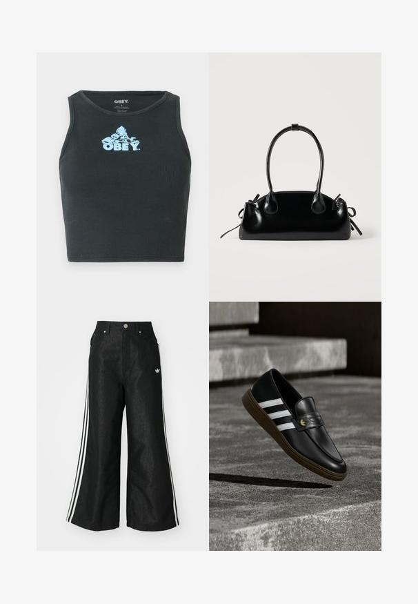 Top de tanque corto de algodón negro con canalé que presenta un logo gráfico azul claro centrado en el pecho. Diseño sin mangas con cuello redondo.; Pantalones de denim anchos y negros con tres franjas blancas en cada lado y un pequeño logo blanco. Cuenta con bolsillos frontales y un cierre de botón.; Mocasín de cuero negro con rayas blancas y suela marrón, colocado sobre escaleras de hormigón que proyectan una sombra en el suelo.; Pequeño bolso negro brillante con dos asas largas y detalles de cordón lateral sobre un fondo claro liso.