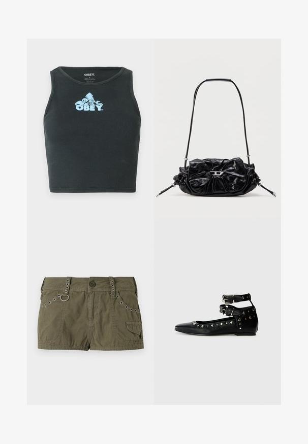 Débardeur court en coton noir à côtes, présentant un logo graphique bleu clair centré sur la poitrine. Design sans manches avec un col rond.; Shorts vert olive en tissu léger, avec une taille ornée d'accents métalliques et des poches latérales. Surface texturée avec des détails de couture.; Replay SABINE DOUBLE - Ballerines - black; Sac à main en cuir noir avec un design froncé et un détail en forme de nœud sur le devant. Dispose d'une poignée courte et d'accents de quincaillerie argentée.