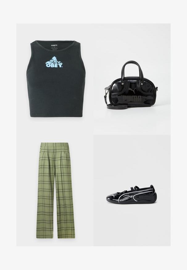Zwarte geribbelde katoenen cropped tanktop met een lichtblauw grafisch logo in het midden van de borst. Mouwloos ontwerp met een ronde hals.; Groene wijde broek met een zwart plaid patroon en een hoge tailleband, voorplooien en zijzakken.; Zwart gepatineerd leren schoen met een lage profiel, voorzien van een ronde neus, zwarte elastische banden en witte accenten langs de zijkanten.; Zwarte lakleren handtas met dubbele handvatten aan de bovenkant, afneembare schouderriem, ronde vorm en opvallend gegraveerd "PUMA" logo.