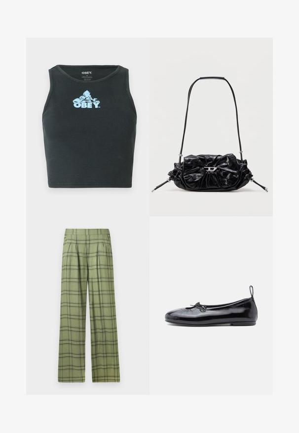 Top de tanque corto de algodón negro con canalé que presenta un logo gráfico azul claro centrado en el pecho. Diseño sin mangas con cuello redondo.; Pantalones de pierna ancha en verde con un patrón de cuadros en negro, cintura alta, pliegues frontales y bolsillos laterales.; Bailarinas de charol negro con punta redonda, pequeño detalle de lazo y textura suave; cuentan con una suela plana baja y una pestaña en el talón.; Bolso de mano de cuero negro con diseño fruncido y detalle de lazo en la parte frontal. Cuenta con un asa corta y detalles metálicos en color plata.