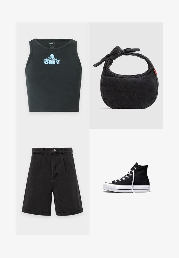 Musta ribattu puuvillainen crop-top, jossa on vaaleansininen graafinen logo keskellä rintaa. Hihaton malli ja pyöreä kaula-aukko.; Mustat farkkushortsit, joissa on korkea vyötärö, poimutettu etuosa ja käännetyt lahkeensuut. Varustettu metallinapilla ja vetoketjulla. Yhtenäinen tekstuuri.; Musta korkeavartinen kangastennari, jossa valkoinen kumipohja ja valkoiset nauhat, esitetty sivusta valkoisella taustalla.; Pieni musta farkkukankainen olkalaukku, jossa on solmittu hihna ja vetoketjusulkemus. Laukussa on punainen Levi's-kangasmerkki sivulla.