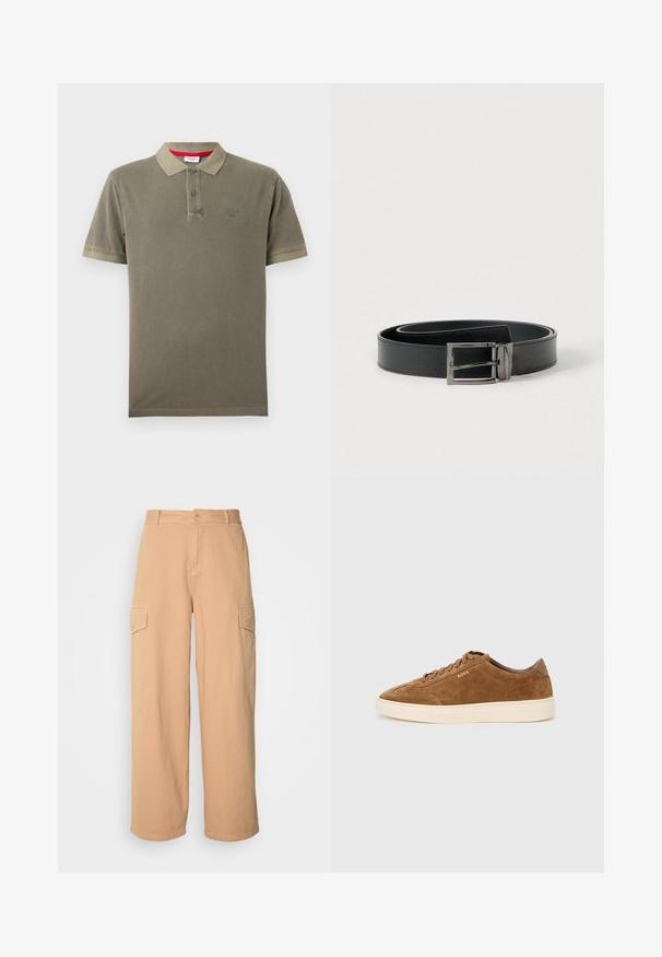 Polo à manches courtes vert olive avec deux boutons, col et logo "JOOP!" embossé subtil sur la poitrine gauche.; Pantalon cargo beige à jambes larges en tissu léger, doté de deux poches latérales et d'une fermeture à bouton à la taille. Texture douce.; Baskets en daim marron avec bout rond, semelle en caoutchouc crème et lacets ton sur ton. Présentent un logo en relief sur le côté et un panneau arrière lisse.; Ceinture en cuir noir avec finition texturée, dotée d'une boucle en métal argenté, design plat et doublure intérieure lisse.