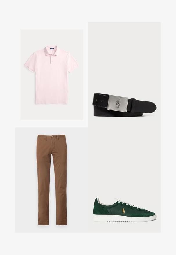 Camiseta tipo polo en rosa claro, con un patrón de rayas texturizadas, cuello clásico, tapeta con tres botones y pequeño logo en el pecho.; Pantalones de algodón twill marrón con piernas rectas, cierre de botón y un brillo sutil; sin patrones visibles ni detalles de hardware.; Zapatillas verdes de ante y cuero con suela de goma blanca, que presentan un logo dorado en el lateral y cordones blancos. Diseño clásico de corte bajo.; Cinturón de cuero negro con una hebilla rectangular de metal plateado que presenta un logo de jinete en relieve, textura suave y cinco agujeros.