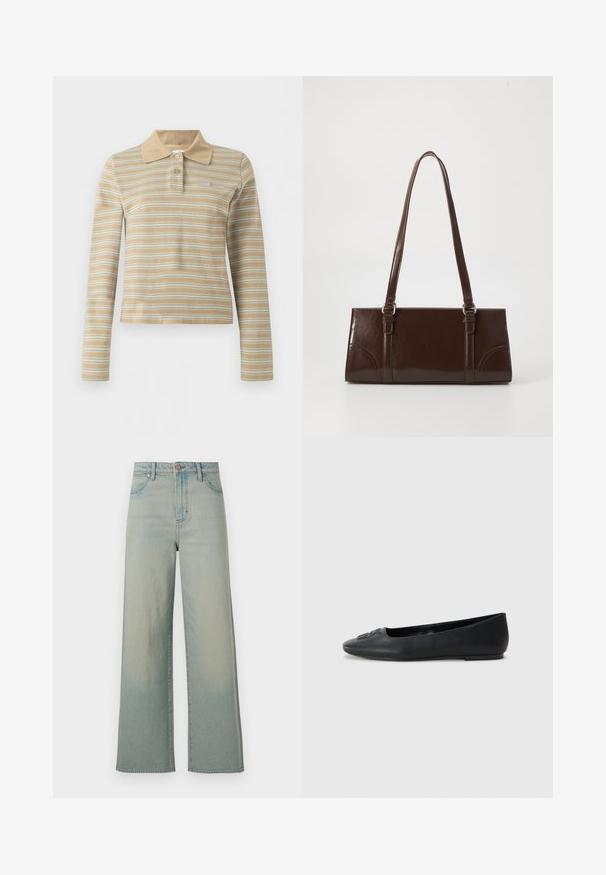 Beige poloshirt met lange mouwen, witte horizontale strepen en twee knopen op de kraag.; Wrangler LOOSE STRAIGHT - Wijde jeans - silver lake; Zwarte leren balletschoenen met een gladde textuur, ronde neus en subtiele decoratieve details aan de voorkant. Lage platte hak.; Bruine lakleren handtas met een rechthoekige vorm, twee lange handvatten en subtiele gebogen accenten aan de voorkant.