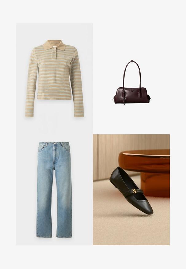 Beiges Langarm-Poloshirt mit weißen horizontalen Streifen und zwei Knöpfen am Kragen.; Hellblaue Denim-Jeans mit geradem Bein, ausgestattet mit einem Fünf-Taschen-Stil und einem Knopfverschluss am Bund.; Schwarzer flacher Lederschuh mit spitzer Kappe und goldenem CK-Logo auf dem Riemen, auf beigem Teppich neben einem runden bernsteinbraunen Tisch platziert.; Dunkelbraune Lederhandtasche von Calvin Klein mit langen doppelten Griffen und einem kleinen Logoanhänger, der an einem Griff hängt.