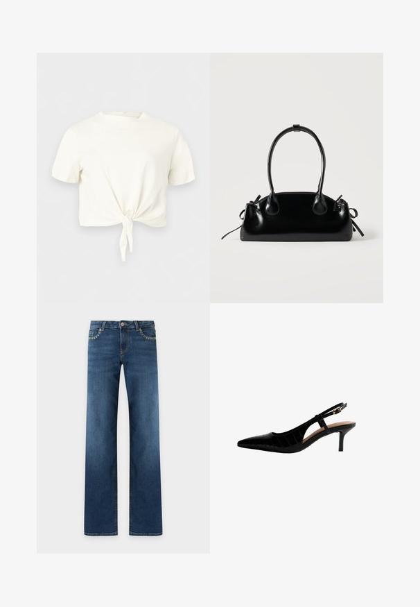 Wit crop top met korte mouwen, ronde hals en een knoopdetail aan de voorkant, tegen een effen lichte achtergrond.; Donkerblauwe rechte jeans met vijf zakken, metalen knoopsluiting en kleine zilverkleurige studs langs de randen van de voorzakken.; Zwarte slingback hoge hak schoen met een spitse neus, krokodillenstructuur, dunne hak en een gespsluiting aan de zijkant.; Kleine zwarte glanzende handtas met twee lange hengsels en zijkant trekkoord details op een effen lichte achtergrond.