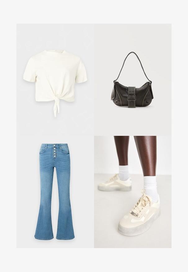 Hvid kortærmet crop top med rund hals og knudedetalje foran på ensfarvet lys baggrund.; Lyseblå vide jeans lavet af denim, med højtaljet talje, fem knapper i gylpen og subtil udtoning foran for tekstur.; Beige sneakers med glat læder og ruskindsdetaljer, grå gummisål, teksturerede mønstre og et metallisk brandlogo på siden.; Sort læder skuldertaske med spænde på remmen, afrundede kanter og kontrasterende hvide syninger på en ensfarvet baggrund.
