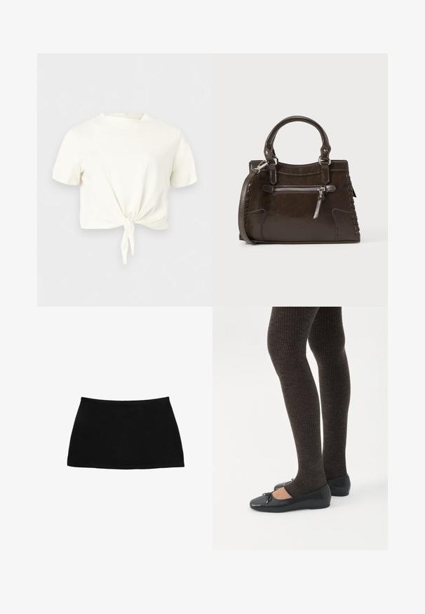 Crop top blanc à manches courtes avec col rond et détail noué à l'avant sur fond clair uni.; Mini-jupe noire en coton avec une taille ajustée. Texture lisse, design simple et ourlet droit. Pas de motifs ou de pièces métalliques visibles.; Jambes portant des leggings côtelés foncés associés à des ballerines noires avec de petits détails en nœud sur fond blanc.; Sac à main en cuir marron avec poignées supérieures, poche avant zippée et détails tissés sur les côtés. Texture lisse et forme structurée.