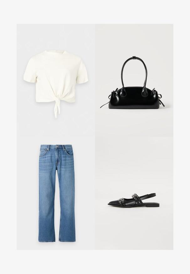 Wit crop top met korte mouwen, ronde hals en een knoopdetail aan de voorkant, tegen een effen lichte achtergrond.; Lichtblauwe denim jeans met een recht model, vijf-pocket stijl, enkele knoopsluiting en gestikte details langs de naden.; Even&Odd by Zalando Slingback ballerina´s - black; Kleine zwarte glanzende handtas met twee lange hengsels en zijkant trekkoord details op een effen lichte achtergrond.