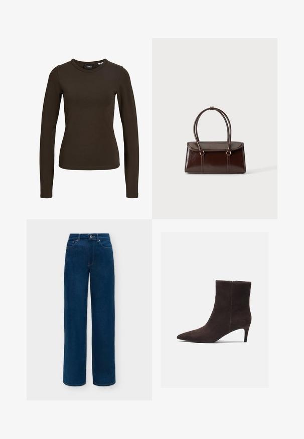 Dunkelbraunes, eng anliegendes Langarmshirt mit Rundhalsausschnitt, einfachem Design und glatter Stoffstruktur, auf weißem Hintergrund dargestellt.; Dunkelblaue Jeans mit geradem Bein, Vordertaschen, Gürtelschlaufen und Knopfverschluss an der Taille.; Braune Wildleder-Ankelstiefel mit spitzem Zehenbereich und 7,5 cm Absatz, ausgestattet mit einer glatten Textur und minimalistischen Design. Reißverschluss auf der Rückseite.; Dunkelbraune glänzende Lederhandtasche mit einem strukturierten rechteckigen Körper und zwei langen, abgerundeten Griffen vor einem schlichten hellen Hintergrund.