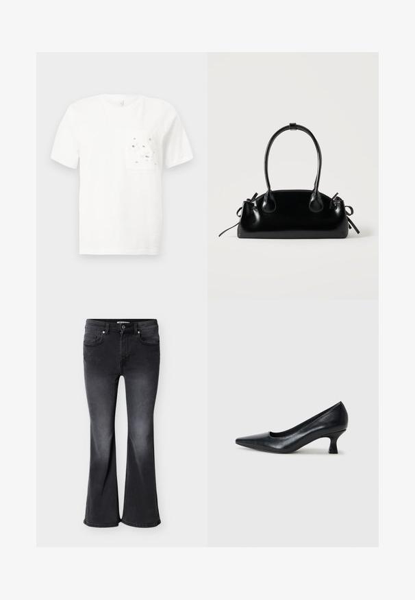 T-shirt blanc à manches courtes avec un col rond et une poche avant décorée de petites fleurs blanches et de perles argentées.; Jean évasé noir en denim, doté de quatre poches, passants pour ceinture, et d'une texture délavée avec une teinte légèrement plus foncée à l'ourlet.; Pompe en cuir noir avec un bout pointu et un petit talon carré. Texture lisse, lignes épurées, design simple sans motifs ni ornements visibles.; Petit sac à main noir brillant avec deux longues anses et des détails à cordon sur les côtés sur un fond clair uni.