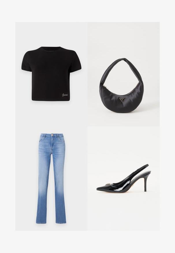 Zwarte, kortemouw T-shirt van katoen. Heeft een ronde halslijn en een klein zilveren "Guess" logo aan de onderkant links.; Lichtblauwe denim jeans met een flared vorm, vijf zakken en een voor sluiting met knoop. Vervaagd aan de onderkant voor een gradiënt effect.; Zwarte gepatineerde leren slingback pumps met een spitse neus, slanke stilettohak en decoratieve versiering op de voorkant.; Zwarte satin handtas met een gebogen vorm, voorzien van een ritssluiting en een driehoekig metalen logo aan de voorkant. Gladde textuur en een slank ontwerp.