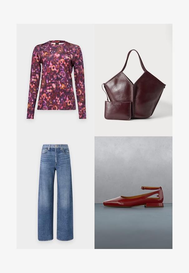 Chemise à manches longues avec un motif vibrant et tourbillonnant dans des nuances de violet, rose et orange. Fabriquée en tissu doux avec un col rond.; Jean large bleu clair en denim, avec une taille haute, un design classique à cinq poches et un léger délavage pour un look usé.; Ballerine plate rouge brillante avec bride à la cheville flottant au-dessus d'un bloc de bois et d'une surface extérieure en galets, arbuste vert flou et pierre en arrière-plan.; Sac à main en cuir marron foncé avec une seule anse et une petite pochette zippée assortie placée devant sur un fond clair.