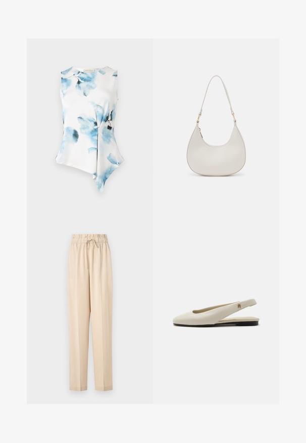 Ærmeløs bluse med en asymmetrisk kant, lavet af glat, letvægtsstof. Har et akvarelblomster mønster i blå nuancer på en hvid baggrund.; Beige, lette bukser med elastisk talje, snøre detaljer og lige ben. Glat tekstur, minimalisk stil.; Flatsko i cremefarvet læder med rundet tå og lille guldemblem på remmen.; Cremefarvet læder skuldertaske med en halvmåneform, tynd rem og diskrete syninger. Minimalistisk design med hardware-accenter i guldton.