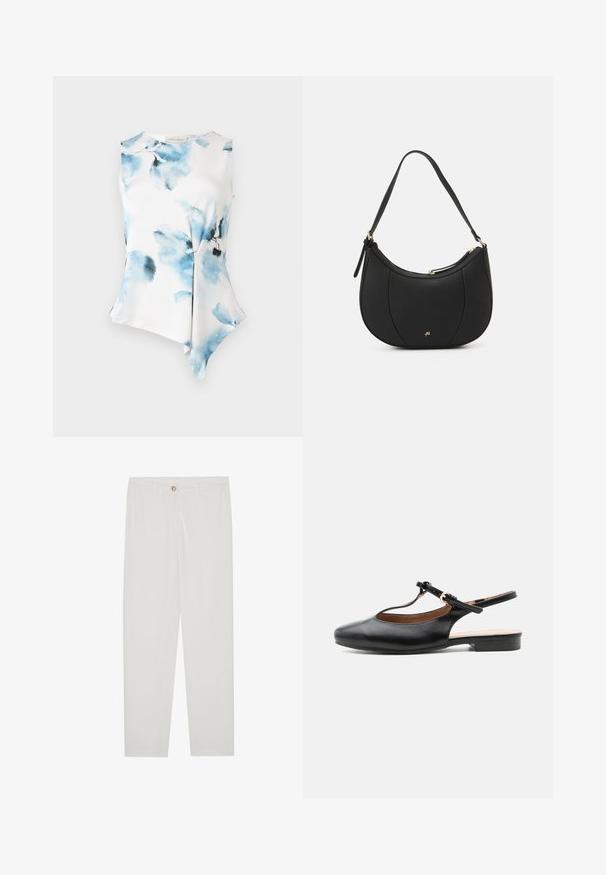 Ærmeløs bluse med en asymmetrisk kant, lavet af glat, letvægtsstof. Har et akvarelblomster mønster i blå nuancer på en hvid baggrund.; Hvide, skrædderlavede bukser med lige ben design, udstyret med knaplukning, bæltesløjfer og sidelommer; glat stoftekstur.; Sort læder flad slingback-sko med T-rem og guldlås på neutral baggrund.; Sort læderhåndtaske med en buet form, struktureret overflade, forreste syninger og et logo i guldfarve. Har en enkelt justerbar rem.