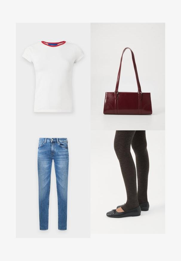 Hvid tætsiddende t-shirt med korte ærmer, rund mørkerød halsudskæring og mærke i kraven.; Lyseblå denimjeans med slim fit. Funktioner inkluderer en knaplukning, fem lommer og en slidseffekt på lårene.; Ben iført mørke ribbede leggings kombineret med sorte balletsko med små sløjfedetaljer på hvid baggrund.; Bordeaux håndtaske lavet af glansfuldt materiale, rektangulær form, med to skulderremme og subtile buede detaljer på forsiden.