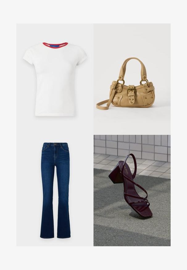 Wit aansluitend T-shirt met korte mouwen, een ronde donkerrode halslijn en een merkembleem binnenin de kraag.; Donkerblauwe flared jeans van denim met een hoge taille, voorzien van voorzakken, een ritssluiting en subtiele stikseldetails.; Bordeauxrode sandaal met hoge hak en een glanzende lakafwerking, voorzien van meerdere dunne bandjes en een vierkante neus. Robuuste vierkante hak.; Beige leren handtas met dubbele handvatten, messing gesps en klinknagel details, en een verstelbare schouderriem tegen een witte achtergrond.