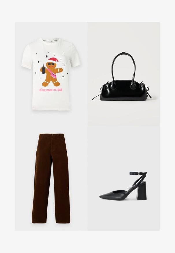 T-shirt blanc avec un bonhomme en pain d'épices portant des lunettes de soleil, un chapeau de Père Noël, un sac pailleté rose, tenant une boisson, et le texte disant "Je suis là à l'air d'un snack."; Pantalons droits en velours côtelé marron avec poches devant, passants de ceinture et fermeture à bouton sur fond blanc.; Escarpin noir en cuir à bout pointu avec une bride de cheville et un talon épais. Texture lisse, design élégant et esthétique minimaliste.; Petit sac à main noir brillant avec deux longues anses et des détails à cordon sur les côtés sur un fond clair uni.