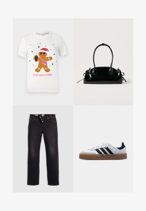 Hvid t-shirt med en ingefærbrødmand iført solbriller, en julestrå hat, en pink pailletv pouch, der holder en drink, og tekst der siger "Ser ud som en snack."; Sorte denim jeans med lige ben, der har fem lommer, kobbernitter og knaplukning. Blød tekstur med discrete falmede detaljer.; Hvide lædersneakers med sorte striber, gummirubber sål, rund tå, snørelukning og blød grå ruskinds tåhætte.; Lille sort blank håndtaske med to lange håndtag og snøre-detaljer i siden på en ensfarvet lys baggrund.