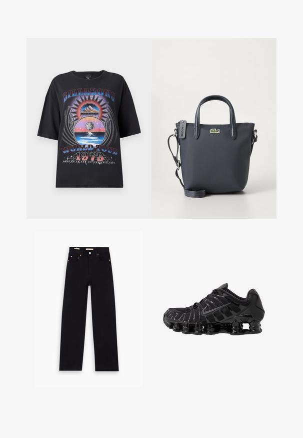 Μαύρο oversized t-shirt με πολύχρωμο γραφικό σχέδιο που περιλαμβάνει βουνά, ήλιο και στοιχεία νερού. Το κείμενο περιλαμβάνει "Billabong World Tour 1973."; Μαύρα τζιν παντελόνια με ίσια γραμμή, πέντε τσέπες, ορείχαλκο εξαρτήματα και λεία υφή. Δύο ετικέτες ορατές στη μέση.; Μαύρο αθλητικό παπούτσι με διχτυωτό επάνω μέρος και γυαλιστερές επενδύσεις. Διαθέτει καμπύλες ελαστικές αναρτήσεις και υφές στις πλευρές. Ο λογότυπος της Nike είναι ορατός.; Σακούλα θαλάσσιου μπλε με υφή υφάσματος, δύο επάνω χερούλια και αποσπώμενο λουρί ώμου. Διαθέτει ένα μικρό λογότυπο Lacoste και φερμουάρ για κλείσιμο.