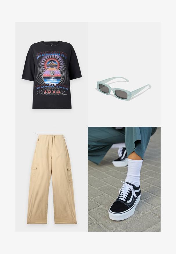 Čierne oversized tričko so farebným grafickým dizajnom, ktorý zobrazuje hory, slnko a vodné prvky. Text obsahuje "Billabong World Tour 1973."; Bežové cargo nohavice s voľným strihom, s nastaviteľným pásom, dvoma bočnými vreckami a hladkým, ľahkým materiálom.; Čierne semišové tenisky s bielymi akcentmi a šnúrkami, s hrubou bielou podrážkou a kontrastným prešívaním, doplnené o bielu ponožku.; Párik obdĺžnikových slnečných okuliarov s svetlomodrými priehľadnými rámami a tmavosivými sklami, s rovnými stranami a minimálnymi hardvérovými detailmi.