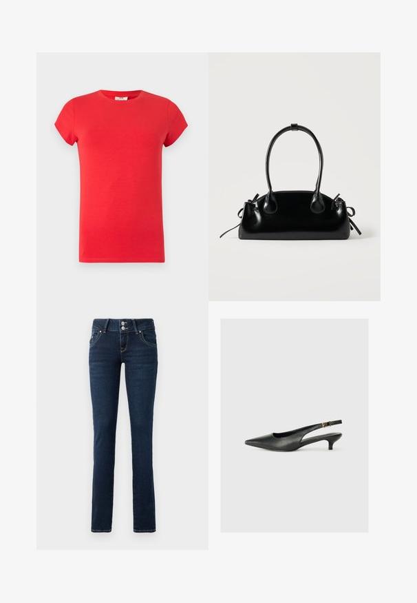 Rotes T-Shirt mit kurzen Ärmeln und Rundhalsausschnitt in schlanker Passform, glatter Textur und ohne sichtbare Logos oder Muster auf hellem Hintergrund.; Dunkelblaue Skinny-Jeans mit doppelt-knopfverschluss, Fronttaschen und gelben Nähten auf einem weißen Hintergrund.; Schwarzer Slingback-Schuh mit spitzem Zehenbereich aus glattem Leder. Mit einem dünnen Absatz und einer dekorativen Schnalle am verstellbaren Riemen.; Kleine schwarze glänzende Handtasche mit zwei langen Griffen und seitlichen Kordelzug-Details vor einfachem hellem Hintergrund.