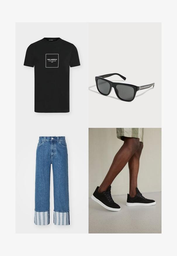 Sort T-shirt med korte ærmer og rund halsudskæring, med en hvid firkant og teksten "KARL LAGERFELD 21 RUE ST-GUILLAUME PARIS" centreret på brystet.; Bredde denimbukser i mellemblå med en manchet i blå og hvide lodrette striber. Klassisk fem-lomme-design med knaplukning.; Sorte ruskinds sneakers med hvide gummisåler, med runde snørebånd, lav-top design og en glat overflade.; Sorte rektangulære solbriller med mørke linser og mønstrede sølvarme placeret på en hvid overflade.