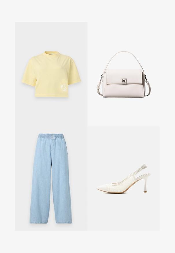 T-shirt court à manches courtes jaune pâle, col rond, avec petit logo blanc sur le bas à droite devant.; Pantalons larges de couleur bleu clair en denim avec une taille élastique. Texture lisse sans motifs ni embellissements visibles.; Escarpin blanc en dentelle avec talon haut, bout pointu et bride nouée avec un détail de logo discret.; Sac à main en cuir blanc texturé avec poignée supérieure, fermeture à rabat, fermoir logo carré argenté et bandoulière amovible.