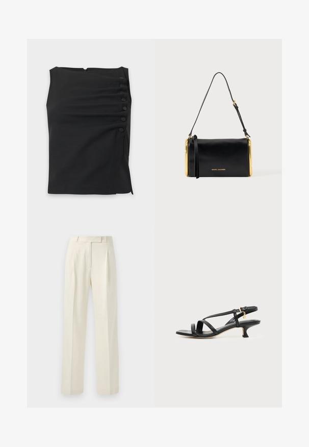 Blusa negra sin mangas con cuello alto y seis botones forrados de tela dispuestos en vertical en el lado derecho.; Pantalones de color crema con un corte ajustado, que presentan un frente plano, pliegues y piernas rectas, hechos de una tela suave y texturizada.; Sandalia negra de cuero con tiras, tacón bajo de tipo kitten, hebilla en el tobillo y pequeño charm dorado sobre un fondo claro y liso.; Bolso de hombro Marc Jacobs de cuero negro con laterales de marco metálico dorado y una correa ajustable sobre un fondo liso.