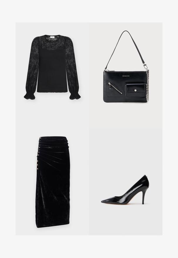 Sort langærmet top med blonder i blomsterprint på ærmer og øverste del af brystet, ribstrikket stof på kroppen og flæsekantede manchetter.; Rabanne Pencil skirt - black; Sort højtaljet pumpekappe i laklæder med spids tå, der har en glat tekstur og en slank stiletthæl. Ingen synlige metaldele.; Sort Michael Kors skuldertaske i læder med toplynlås, diagonal lynlåslomme foran, klaplomme med trykknap og sølvkædedetalje.