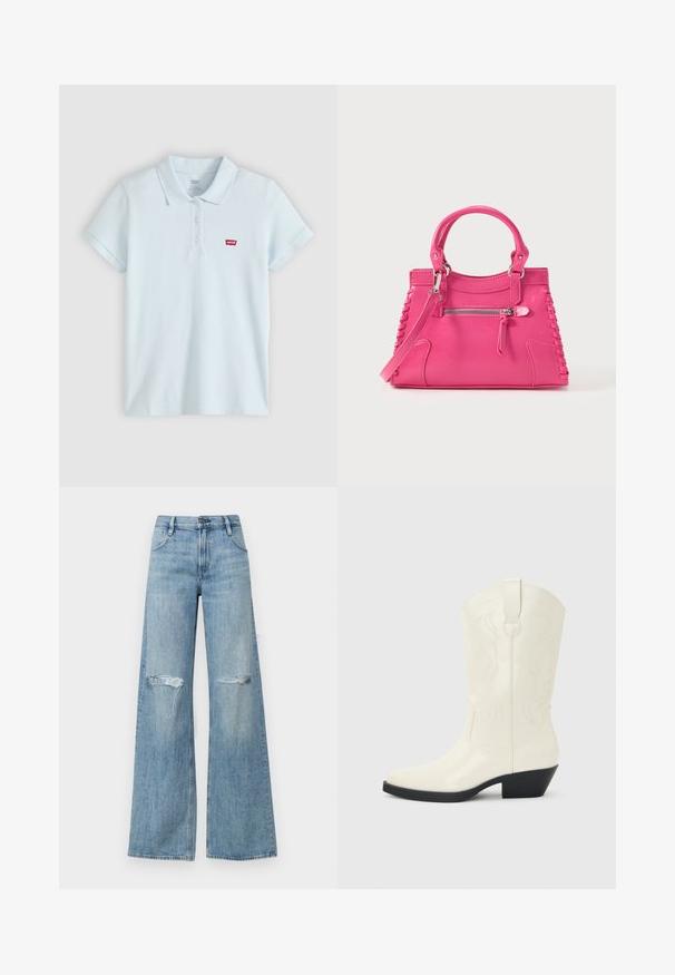 Svetlomodré polo tričko s krátkymi rukávmi, tromi gombíkmi a malým červeným logom Levi's na ľavej strane hrudníka.; Svetlomodré chino nohavice s vysokým pásom a širokými nohavicami, so zvädnutými obrami na kolenách, klasickým dizajnom s piatimi vreckami a so zipsom a zapínaním na gombík.; Biela westernová čižma do polovice lýtka so špicatou špičkou, čiernym vrstveným podpätkom, dekoratívnym prešívaním a pútkom na stopke.; Ružová kožená kabelka s dvoma rukoväťami, dekoratívnym šnurovaním na boku a predným vreckom so zipsom. Hladká textúra, štruktúrovaný tvar.