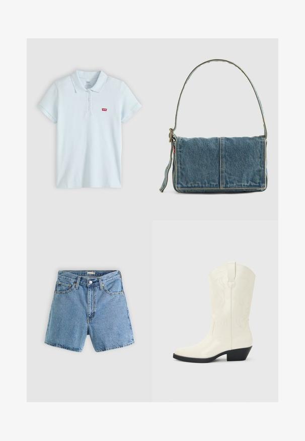 Svetlomodré polo tričko s krátkymi rukávmi, tromi gombíkmi a malým červeným logom Levi's na ľavej strane hrudníka.; Svetlomodré džínové kraťasy s predným gombíkom a zipsom, s pútkami na opasok a dizajnom s piatimi vreckami na jednoliatom pozadí.; Biela westernová čižma do polovice lýtka so špicatou špičkou, čiernym vrstveným podpätkom, dekoratívnym prešívaním a pútkom na stopke.; Denimová taška na rameno s prehnutým dizajnom, svetlo modrej farby, s viditeľným prešívaním, nastaviteľným popruhom a bočným štítkom ako akcentom.