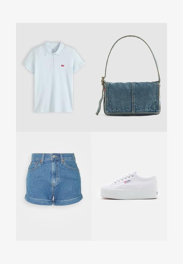 Lyseblå kortærmet polo med tre knapper og et lille rødt Levi's-logo på venstre bryst.; Højtaljede denimshorts i lyseblå, med rullekant, fem-lommers design og metalknaplukning med kontrastsyninger.; Hvide canvas sneakers med en tyk hvid platformssål, rund tå og metaløjelets til snørebånd. Mærkets logo præsenteret på siden.; Denim skuldertaske med fold-over design, lys blå farve, synlige sømme, justerbar rem og en sidelabel-detalje.