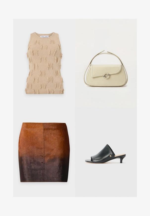 Beige ærmeløs strikket top med tekstureret design, spredte frynseaccents samt ribstrikket halsudskæring og kant.; Brun gradient mini nederdel lavet af blødt materiale, med en glat tekstur, en tætsiddende silhuet og præcise syninger langs kanterne.; Sorte læder open-toe mules med en lav hæl. Har en glat overflade og et guld logo-prim på siden.; Cremefarvet læderhåndtaske med buet klap, cirkulært sølvspænde og kort topstrop på en ens hvid baggrund.