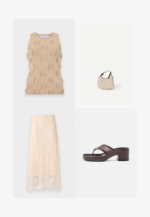 Haut beige sans manches en maille, présentant un motif texturé avec des accents de franges éparpillées ainsi qu'un col et un ourlet côtelés.; Jupe midi couleur crème avec une superposition en dentelle florale complexe et un ourlet festonné, présentée à plat sur un fond blanc.; Sandale marron à talon avec lanière en mesh et design en tige, dotée d'un talon bloc et d'une semelle cousue, présentée de profil sur fond blanc.; Sac à main en cuir beige en forme de croissant avec une seule bandoulière et des coutures minimalistes, posé sur un fond blanc uni.