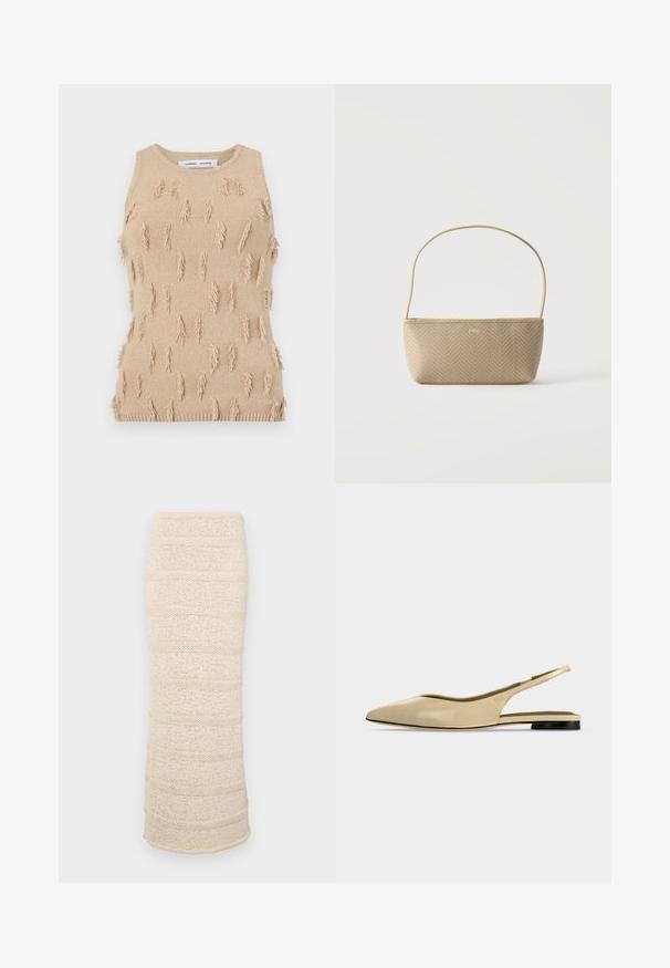 Haut beige sans manches en maille, présentant un motif texturé avec des accents de franges éparpillées ainsi qu'un col et un ourlet côtelés.; Jupe midi tricotée en beige clair avec des rayures texturées horizontales. Silhouette ajustée, tissu doux et ourlet légèrement ouvert en bas.; Chaussure plate beige à bout pointu avec bride arrière, petit talon noir et finition en cuir lisse, vue de côté sur un fond uni.; Sac à main tissé beige avec fine bandoulière et petit logo doré "BOSS" à l'avant, présenté sur fond blanc uni.