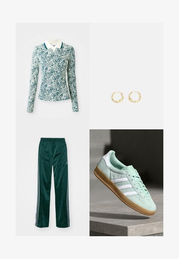 Pikkade varrukatega sobiv särk teal'ise ja valge lillemustriga ning valge kraega teal'ise äärega, lihtsal taustal.; Tumedad roheline sportpants, mis on valmistatud läikivast materjalist, külgedel on heledates hallides triipudes ja vasakul jalal on broderdatud logo.; Adidase Gazelle tossud mintroheline nahk, valgete aktsentidega, nöörimisega sulgemine ja kummine tald. Omab kolme valget triipu.; Kuldsed rõngakujulised kõrvarõngad, millel on tekstuuriga ebaühtlane pind. Omavad kergesti kantavat disaini ja ringikujulist vormi, sobivad igapäevaseks kandmiseks.