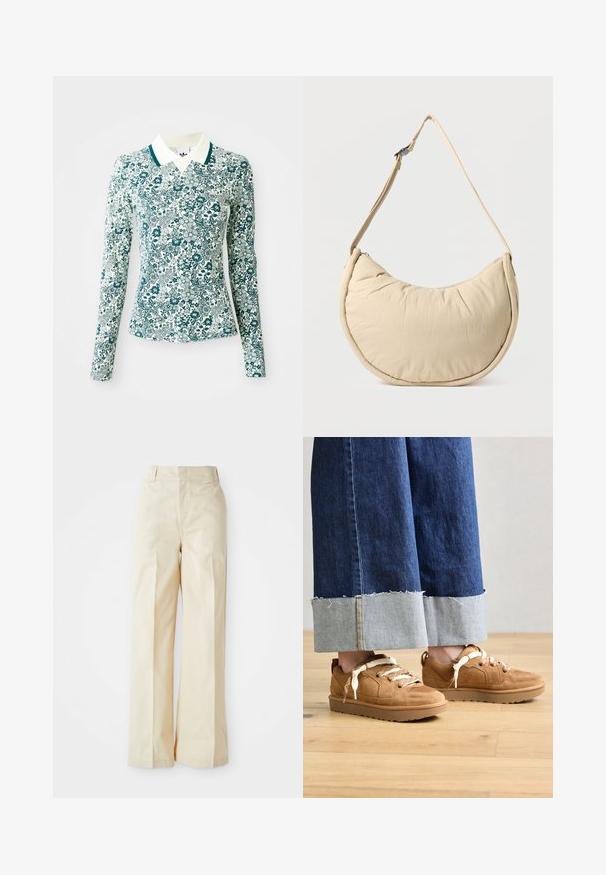 Chemise ajustée à manches longues avec un motif floral turquoise et blanc, et un col blanc avec un liseré turquoise sur un fond uni.; Pantalons large en beige avec une taille haute, dotés d'un tissu lisse et de plis avant soigneusement repassés, sur un fond blanc uni.; Pieds portant des baskets en daim beige avec de larges lacets crème, associées à un jean bleu large avec revers, debout sur un sol en bois.; Sac d'épaule beige en forme de demi-lune avec une texture douce et rembourrée. Comprend une bandoulière réglable et une fermeture éclair sur le bord supérieur.