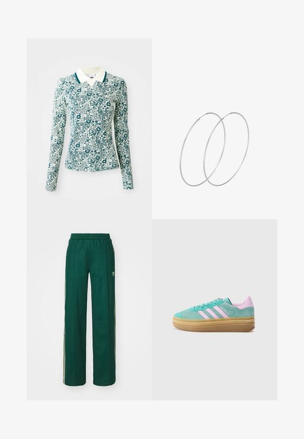 Een langmouwig, getailleerd shirt met een teal en wit bloemmotief en een witte kraag met teal afwerking op een effen achtergrond.; Donkergroene sportbroek met een relaxte pasvorm, voorzien van een trekkoord in de taille, zijzakken en crèmekleurige strepen aan de zijkanten.; adidas Originals GAZELLE BOLD - Sneakers laag - powder teal/bliss lilac/pure teal; Zilveren hoepel oorbellen met een minimalistisch ontwerp. Cirkelvormig, gladde textuur en dun profiel. Lichtgewicht met een gepolijste afwerking.