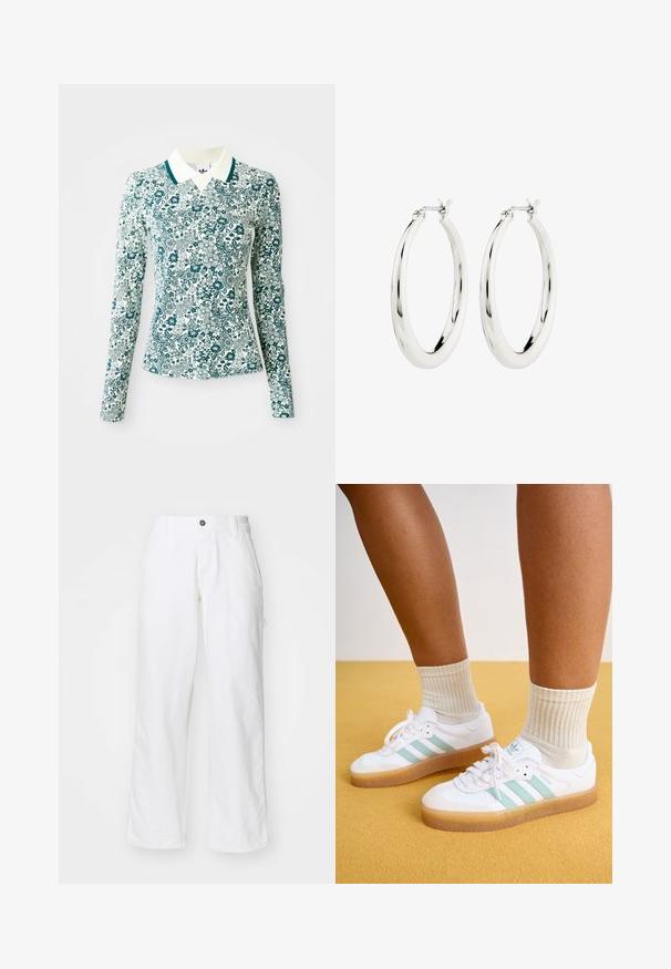 Chemise ajustée à manches longues avec un motif floral turquoise et blanc, et un col blanc avec un liseré turquoise sur un fond uni.; Pantalon en coton blanc avec une coupe droite, doté d'une fermeture à bouton, de poches latérales et d'une coupe décontractée. Texture lisse.; Baskets blanches avec des rayures vert menthe, semelle en caoutchouc et lacets, associées à des chaussettes crème à côtes. Sur fond jaune.; Boucles d'oreilles créoles en argent avec une finition lisse et brillante. Forme circulaire, dotée d'un fermoir sécurisé. Design simple et élégant.
